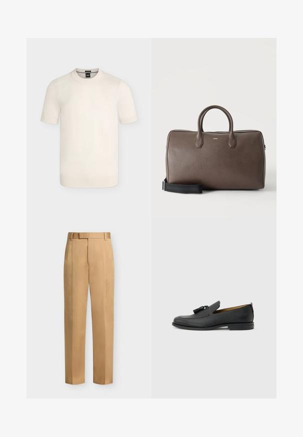 Pull en maille crème à manches courtes avec col rond et poignets et ourlet côtelés sur un fond uni.; Pantalon beige droit avec passants de ceinture, plis devant et fermeture éclair.; Mocassin pour homme en cuir noir avec pompons, bout arrondi, petit talon et languette à l'arrière, présenté de profil sur un fond gris clair.; Sac de sport en cuir marron avec deux poignées, une bandoulière noire réglable et un petit logo "BOSS" au centre à l'avant.