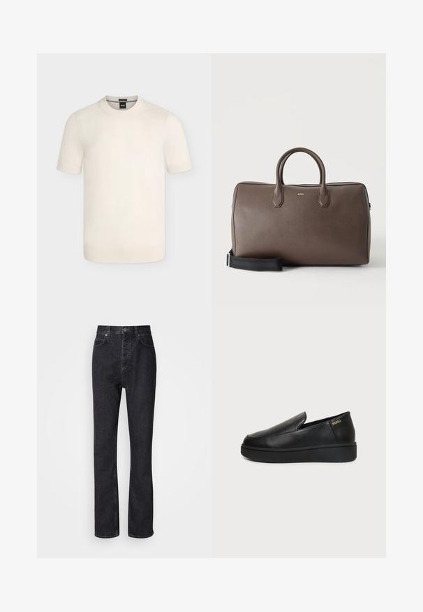 Pull en maille crème à manches courtes avec col rond et poignets et ourlet côtelés sur un fond uni.; Jean en denim noir taille haute avec fermeture à bouton et à glissière, poches avant et arrière, et coupe droite.; Chaussure noire en cuir à enfiler avec semelle épaisse et petits trous de ventilation latéraux, avec un logo doré "HUGO" près du talon.; Sac de sport en cuir marron avec deux poignées, une bandoulière noire réglable et un petit logo "BOSS" au centre à l'avant.