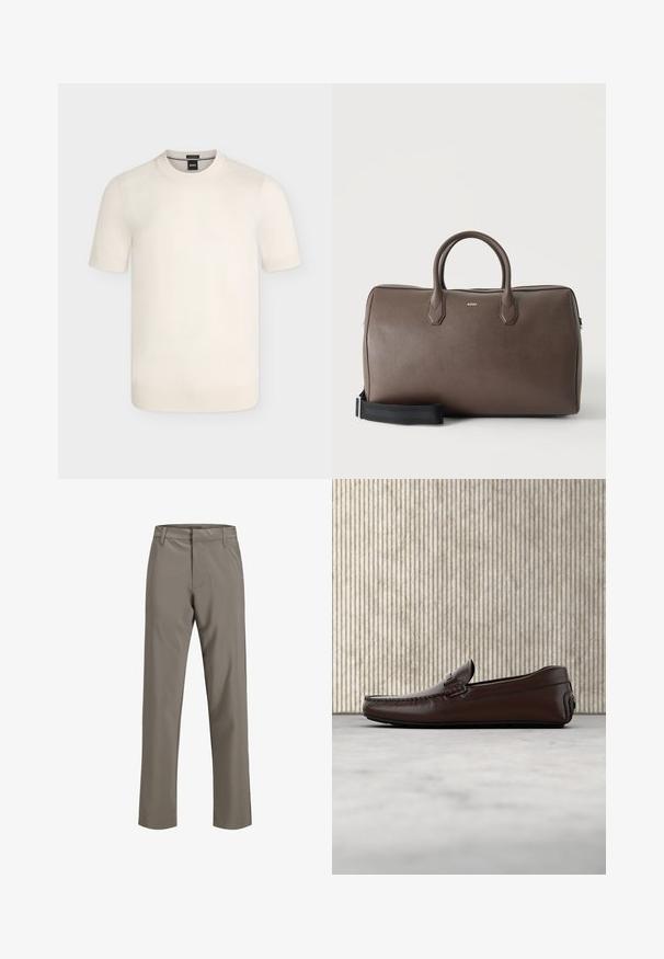 Pull en maille crème à manches courtes avec col rond et poignets et ourlet côtelés sur un fond uni.; Pantalon droit kaki pour homme avec passants de ceinture et fermeture éclair, sans poches visibles.; Mocassins en cuir marron avec une finition lisse, des coutures de style mocassin, un bout rehaussé et une semelle en caoutchouc basse et flexible.; Sac de sport en cuir marron avec deux poignées, une bandoulière noire réglable et un petit logo "BOSS" au centre à l'avant.