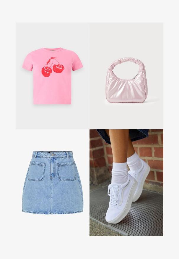 Korte roze katoenen T-shirt met een opvallend rood kersenontwerp met groene steeltjes. Klassieke ronde hals en korte mouwen.; Lichtblauwe denim mini-jurk met een hoge taille, sluiting met knopen aan de voorkant en twee achterzakken. Kenmerkt zich door contrasterende stiksels en een rechte pasvorm.; Witte canvas sneakers met rubberen zolen, voorzien van zes vetertjes, een ronde neus en lichte stikdetails, gecombineerd met witte enkelsokken.; Roze, gevoerde handtas met een afgeronde vorm, gemaakt van glanzend materiaal. Beschikt over een geplooide handgreep en een ritssluiting voor veilige toegang.