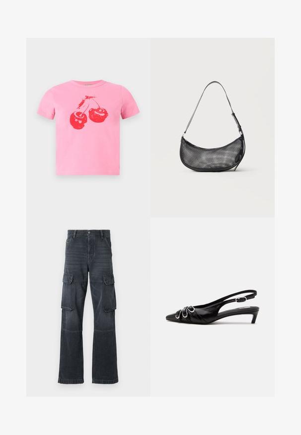 Camiseta corta de algodón rosa con un diseño gráfico de una cereza roja brillante con tallos verdes. Cuello redondo clásico y mangas cortas.; Pantalones cargo gris oscuro hechos de denim, con dos bolsillos laterales y un diseño de pierna ancha. Detalles bordados a lo largo de las costuras y los bordes.; Zapato slingback de cuero negro con punta puntiaguda, tres hebillas plateadas en la parte delantera y tacón bajo tipo «kitten» sobre fondo blanco.; Pequeño bolso de hombro negro de malla con forma de media luna y correa fina ajustable, sobre un fondo claro y liso.
