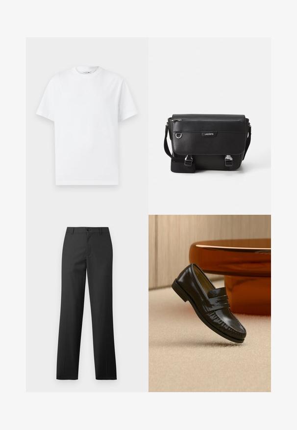 Valge puuvillane T-särk klassikalise ringkaelusega, lühikeste varrukatega ja esiküljel reljeefne "Lacoste Heritage" tekst. Lihtne disain.; Samsøe Samsøe SAJOHNNY TROUSERS - Püksid - turkish coffee; Läikiv must nahast loafer rihmakujundusega, asetatud beeži vaiba peale ümara pruuni kohvilaua kõrvale pehmel valgustusega toas.; Musta tekstuuriga Lacoste sõnumikott, millel on reguleeritav rihm, esiklapiga, tõmblukuga tasku ja metallist pandlad.