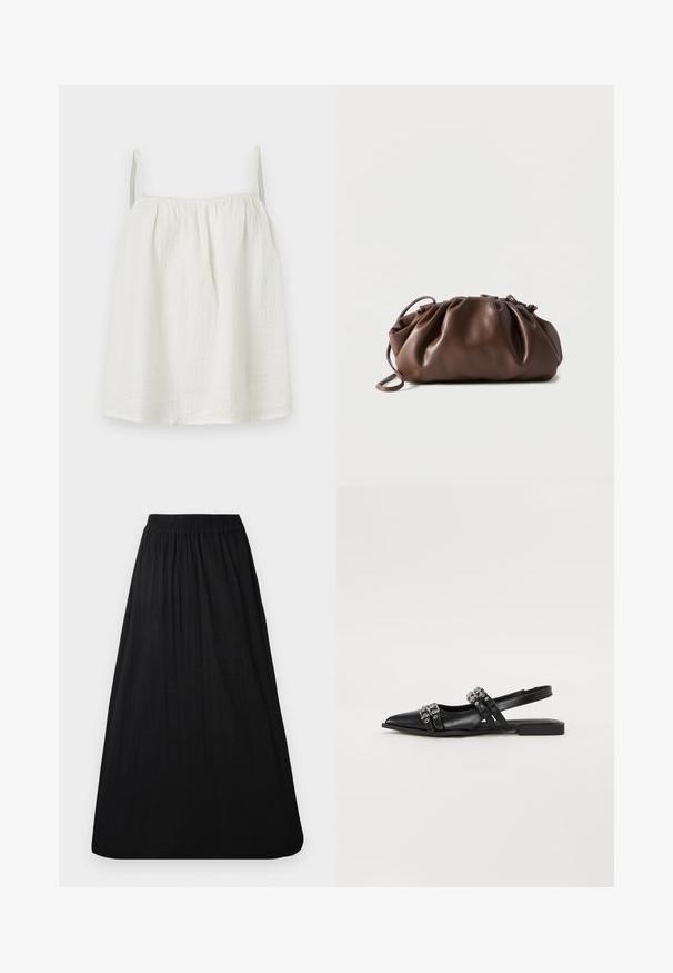Haut blanc sans manches en tissu froissé avec fines bretelles et encolure froncée, présenté sur un fond clair uni.; Longue jupe noire avec taille élastique et plis souples, en tissu léger.; Even&Odd by Zalando Ballerines à brides arrière - black; Sacoche en cuir marron doux avec un haut froncé et une fine bandoulière, posée sur un fond blanc.