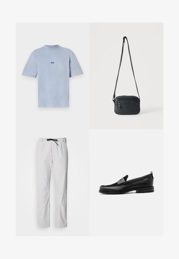 Lichtblauwe katoenen t-shirt met een ronde halslijn, korte mouwen en een klein blauw-wit logo patch op de borst.; Tapered broek van een katoenmix in lichtgrijs met een taillekoord. Voorzien van plooien aan de voorkant en zijzakken voor functionaliteit.; Zwarte leren loafer met grijs riemdetailelement, lage hak en gestructureerde zool, aan de zijkant gebrandmerkt met "HUGO" in goud.; Zwarte crossbodytas met een voorvak met rits, een gestructureerd oppervlak en een verstelbare band, hangend tegen een effen lichte achtergrond.
