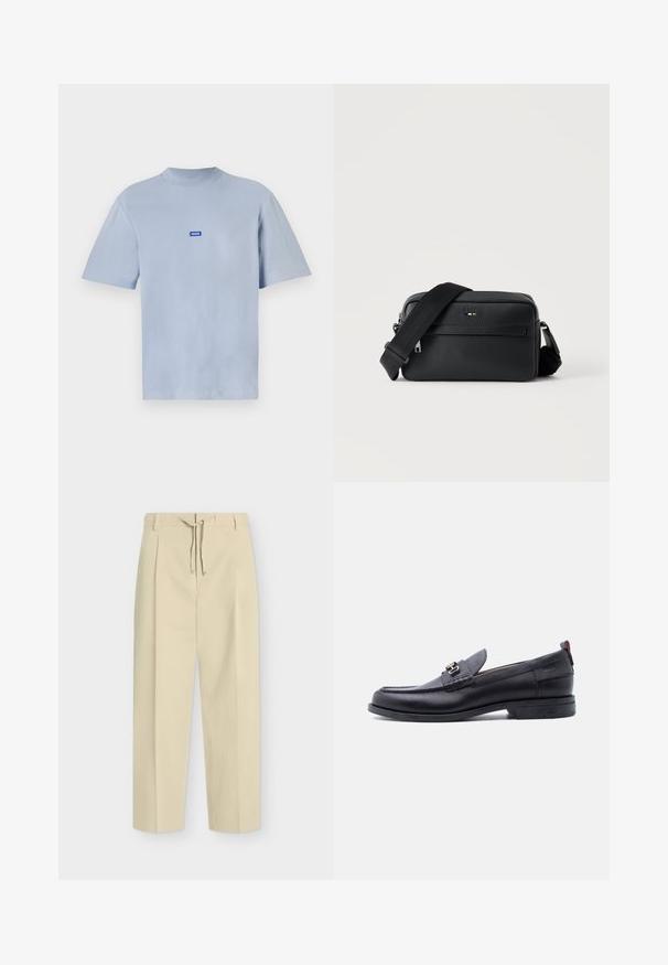 Hellblaues Baumwoll-T-Shirt mit rundem Halsausschnitt, kurzen Ärmeln und einem kleinen blauen und weißen Logopatch auf der Brust.; Beige gerade Hose mit Gürtelschlaufen und vorderer Bindung, mit einem klaren, maßgeschneiderten Design und strukturiertem Stoff.; Schwarzer Lederloafer mit grauem, strukturiertem Vorderblatt, silberner Metallschnalle, niedrigem Absatz und Zuglasche hinten.; Schwarze, strukturierte Leder-Crossbody-Tasche mit vorderer Reißverschlusstasche und verstellbarem breitem Stoff-Schulterriemen auf weißem Hintergrund.