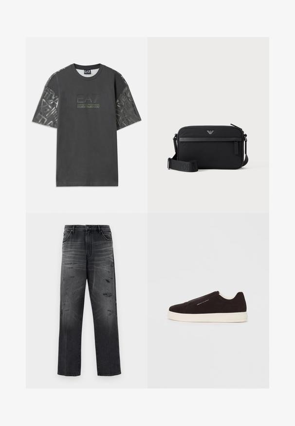 Sivá bavlnená tričko s krátkymi rukávmi, s vzorovanou látkou na rukávoch a centrálnym logom s nápisom "EA7 Emporio Armani."; Čierne deninové nohavice s uvolneným strihom, s vyblednutým dizajnom a poškodenými záplaty. Štandardný strih s piatimi vreckami a zapínaním na gombík.; Čierne semišové slip-on tenisky s bielou gumovou podrážkou, s hladkou textúrou a nenápadným brandingom na boku. Klasický dizajn a štruktúra.; Čierna obdĺžniková crossbody taška s predným vreckom na zips, nastaviteľným popruhom a malým kovovým logom v hornej strede.