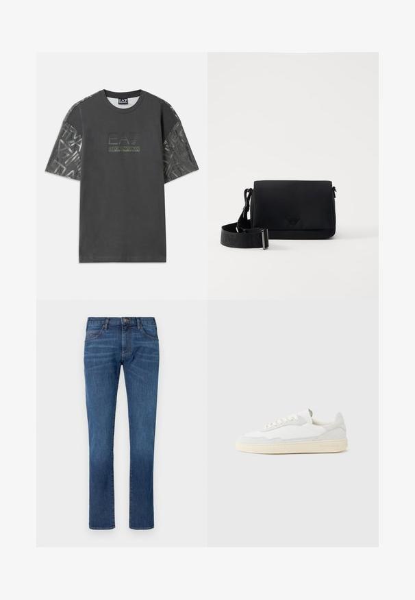 Camiseta de algodón gris con mangas cortas, que presenta una tela estampada en las mangas y un logo central que dice "EA7 Emporio Armani."; Vaqueros de mezclilla azul con corte recto, que cuentan con un diseño clásico de cinco bolsillos y cierre de botones. Sutil desgaste en la textura de la tela.; Zapatilla blanca con parte superior texturizada de ante y cuero. Presenta una puntera redondeada, cierre con cordones y suela de goma beige contrastante.; Bandolera negra hecha de material suave, con cierre de solapa y logo en relieve. Incluye una correa ajustable a juego.