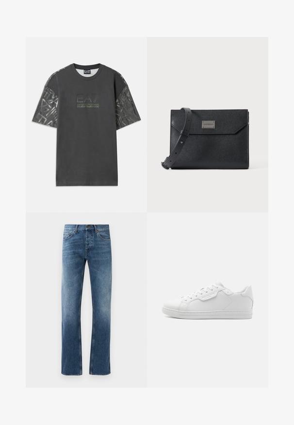 Camiseta de algodón gris con mangas cortas, que presenta una tela estampada en las mangas y un logo central que dice "EA7 Emporio Armani."; Pantalones vaqueros de denim azul con un diseño de pierna recta, lavado desgastado, cinco bolsillos y costuras en contraste. Cierre de botón y cremallera en la cintura.; Zapatilla de cuero blanco con puntera redondeada, seis ojales, cordones planos y un diseño minimalista. Presenta un pequeño logo en el lateral.; Bolso bandolera de cuero negro texturizado con correa ajustable y placa metálica con logo en el frente, cierre de solapa rectangular estilo sobre.