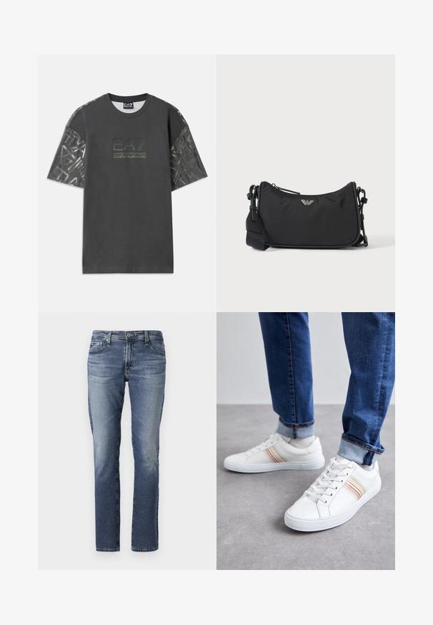 Sivá bavlnená tričko s krátkymi rukávmi, s vzorovanou látkou na rukávoch a centrálnym logom s nápisom "EA7 Emporio Armani."; Džínsy z denimu v stredne modrej farbe, rovného strihu, s jemným vyblednutím a klasickým päť-pocket dizajnom. Kovové hardvérové prvky na páse a vreckách.; Biele kožené tenisky s viacfarebnými prúžkami, šnurovací dizajn, gumená podrážka a polstrovaný golier, skombinované s modrými džínami.; Čierna obdĺžniková crossbody taška so strieborným logom značky a nastaviteľným popruhom na svetlom pozadí.