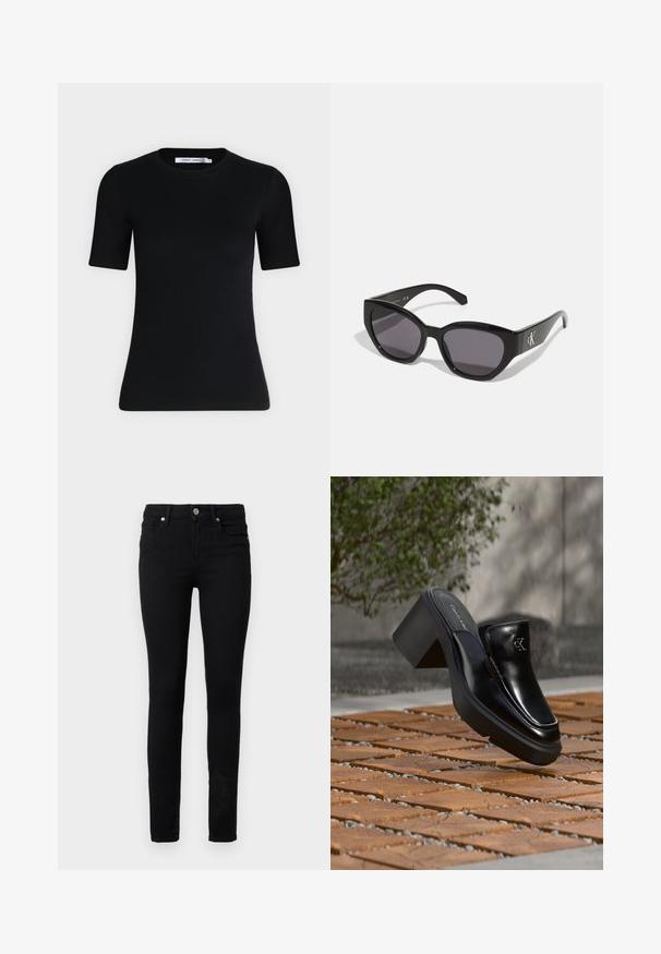 T-shirt noir ajusté à manches courtes avec un col rond et une étiquette à l'intérieur du col sur un fond clair uni.; Jean skinny noir en denim, avec une fermeture à bouton et zip sur le devant, cinq poches et une texture lisse.; Mule slip-on en cuir noir Calvin Klein avec talon bloc reposant sur des carreaux en bois à l'extérieur près d'une plante verte et d'un mur gris.; Lunettes de soleil noires au design lisse et angulaire, avec des verres foncés et un logo en argent contrastant sur le côté. Texture en plastique lisse.
