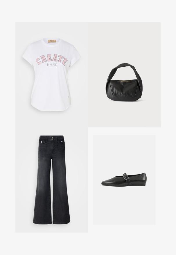 T-shirt en coton blanc avec manches courtes, encolure arrondie et grand texte "CREATE" en rose souligné avec "MIVI 2010" en dessous.; Jean large en denim noir avec taille haute, boutons sur le devant et deux poches avant ; texture lisse avec une légère finition décolorée.; Chaussure plate en cuir noir avec un orteil pointu, présentant une sangle à boucle métallique sur le cou-de-pied et une semelle basse et flexible.; Sac à main en cuir noir avec une large bandoulière et une fermeture éclair sur le dessus, présenté sur un fond clair uni.