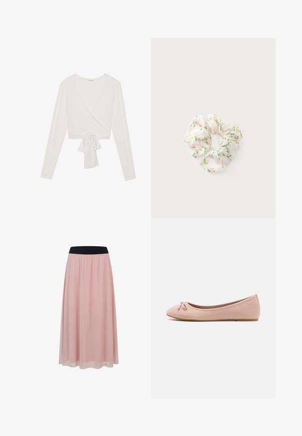Haut à manches longues blanc enroulé avec un décolleté en V et un détail noué à l'avant. Fabriqué en tissu doux, présente un design court. Texture lisse.; Jupe rose longueur cheville avec une couche extérieure transparente et une large ceinture élastique noire.; Des ballerines en suede rose doux avec un bout arrondi et un petit nœud sur le devant, dotées d'une semelle plate basse.; Chouchou en tissu blanc avec un motif de fleurs roses et de feuilles vertes sur un fond clair.
