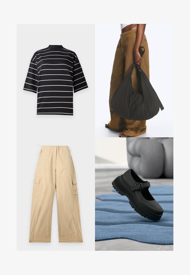 Sort kortærmet skjorte med hvide vandrette striber. Har en høj hals og en afslappet pasform, lavet af et glat, strækbart stof.; Beige cargo bukser med relaxed fit, der har en snor i taljen, to sidelommer og et glat, let materiale.; Sort Mary Jane-stil sko med tyk ribbet sål og spænde, hvilende på tekstureret blåt tæppe med sløret baggrund.; Person iført brune vidde bukser og hvid top holder en stor sort blød håndtaske i remmen ved siden.