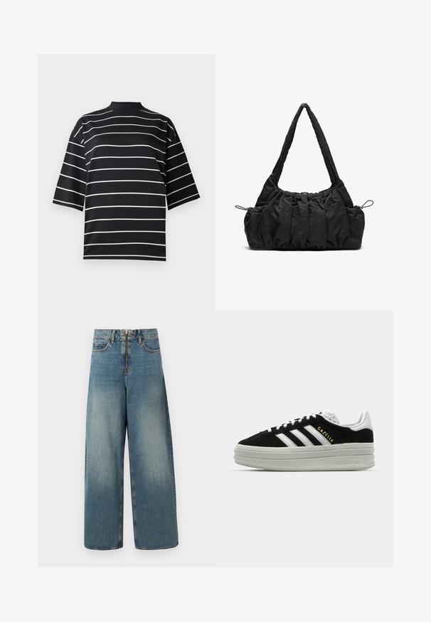 Sort kortærmet skjorte med hvide vandrette striber. Har en høj hals og en afslappet pasform, lavet af et glat, strækbart stof.; Vidde ben denim jeans i en lys blå vask. Har en lynlås med knaplukning og subtil falming for et brugt look.; Sort ruskind sneaker med hvide læderdetaljer, tre hvide striber, flade snørebånd og en tyk grå platformsål. Guldfarvet "Gazelle" branding.; Sort stof handbag med samlede strukturer, to skulderremme og snorelukning i siderne. Glat, let materiale.