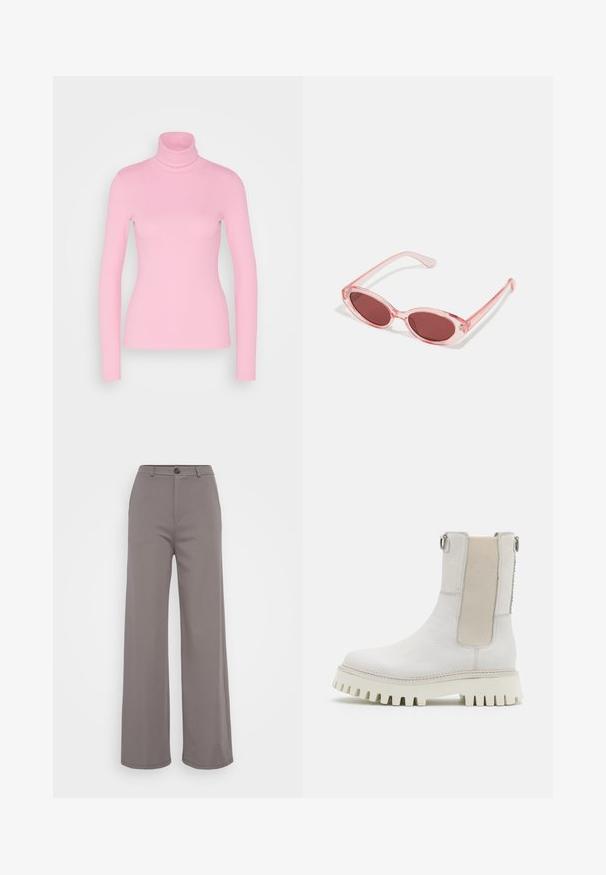 Even&Odd by Zalando Langærmet T-shirt - pink; Bredde bukser i et blødt gråt stof. Har en knaplukning og rene sømme. Glat tekstur uden synlige mønstre eller udsmykninger.; Bronx GROOV-Y - Plateaustøvletter - winter white; Lyserøde transparente solbriller med ovale linser, mørkerød toning og slanke stænger, der har en glat overflade og diskret detaljering på rammen.