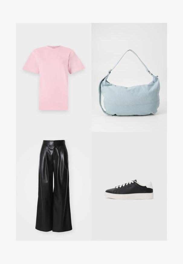 Svetloružové bavlnené tričko s okrúhlym výstrihom a krátkymi rukávmi. Má embosované logo v hornej ľavej časti hrudníka. Jednoduchý dizajn.; Čierne nohavice z faux kože so širokým strihom a vysokým pásom, prešitým predným dielom a hladkým povrchom. Obsahujú čistý, minimalistický dizajn.; Čierne kožené tenisky s bielymi akcentmi, okrúly prst, plochá podrážka a predné šnurovanie. Na boku sa nachádza vyrazené logo značky.; Svetlomodrá denimová taška na rameno s okrúhlym tvarom, nastaviteľným popruhom a jemným prešívaním pozdĺž dolného okraja. Mäkka textúra.