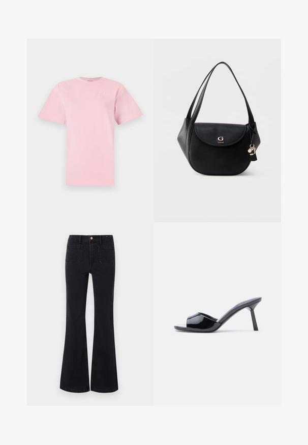 Lyserød bomulds t-shirt med rund hals og korte ærmer. Har et prægtryk af logo på den øvre venstre bryst. Enkel design.; GAP FLARE TAYLORSON - Flared jeans - basic black; Sorte laklæder sandaletter med åben tå, der har et buet overdesign og en spids stilethæl. Glat, blank finish.; Sort læder skuldertaske med buet klap, gyldent "G GUESS" logo, dobbelte stropper og hængende nøglering vedhæng på ensfarvet baggrund.