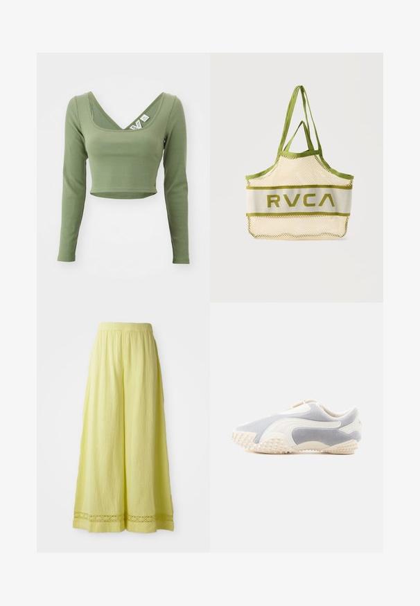 Kahaki vihreä, pitkähihainen lyhyt crop-top, jossa on ribbitekstuuri ja leveä kaula-aukko. Tunnisteet näkyvissä kauluksessa.; Keltaiset leveälahkeiset housut, jotka on valmistettu teksturoidusta kankaasta ja joissa on elastic vyötärö. Valmiina virkattua tyyliä helmassa.; Urheilukenkä vaaleanharmaasta mokasta, jossa on valkoisia nahkaosuuksia. Varustettu rakenteellisella pohjalla, jossa on pieniä piikkejä pidon parantamiseksi. Helppo päällepantava malli.; Beige verkko-olkalaukku oliivinvihrein reunuksin ja kahvoin, jossa "RVCA"-logo keskiosassa yksivärisellä taustalla.