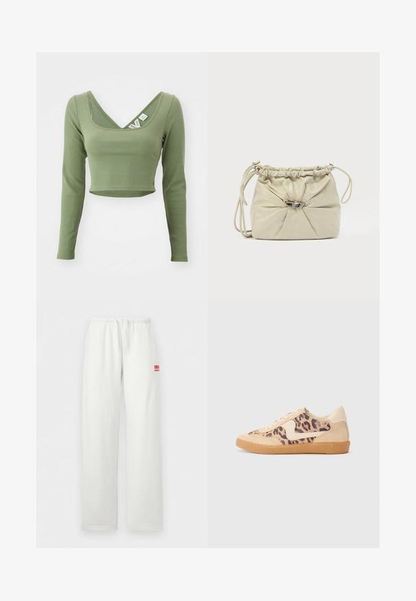 Khaki grøn, langærmet cropped top med ribbet tekstur og bred udskæring. Mærker synlige ved kraven.; Hvide sweatpants med elastisk talje, lige ben og et lille rødt logo på højre lår med teksten "RVCA SURF CO."; Leopardprint sneakers med beige ruskindsoverdel, tan gummisål og hvide detaljer. Rund pegefinger og snørebåndsdesign med en tekstureret finish.; Blød beige skuldertaske i læder med rynket top, sølvfarvet tryk-lås-lukning og tynd justerbar skulderrem på hvid baggrund.