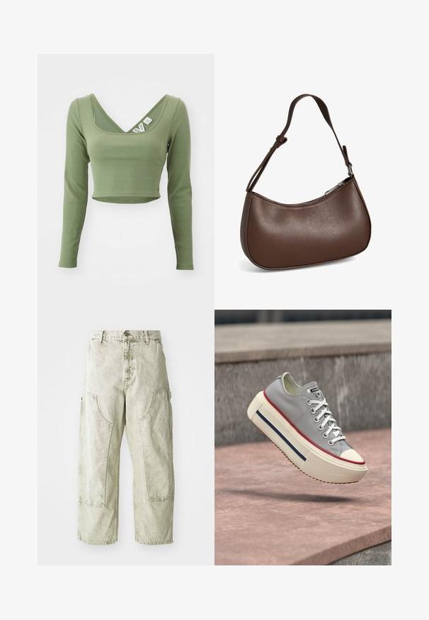 Khaki grøn, langærmet cropped top med ribbet tekstur og bred udskæring. Mærker synlige ved kraven.; Lys grønne capribukser i cargo-stil lavet af denim, med store sidelommer, knap- og lynlåslukning samt synlige syninger.; Grå lavtop sneaker med hvide snørebånd, tyk cremefarvet sål, røde og blå striber, svævende over en stenoverflade udendørs.; Lille brun skuldertaske i læder med justerbar rem og lynlåslukning, vist mod hvid baggrund. Ingen synligt branding eller dekorationer.