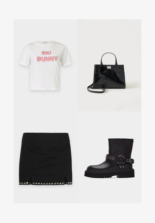 T-shirt en coton blanc avec l'inscription « SKI BUNNY » en lettres en fausse fourrure rose en relief. Manches courtes et col rond.; Ludovic de Saint Sernin LISETTE - Minijupe - black; Botte en cuir noire mi-mollet avec semelle épaisse à crampons, bride décorative avec œillets en métal argenté et boucle latérale.; Sac à main en cuir verni noir avec poignées arrondies, bandoulière détachable et fermeture à boucle argentée sur fond blanc uni.