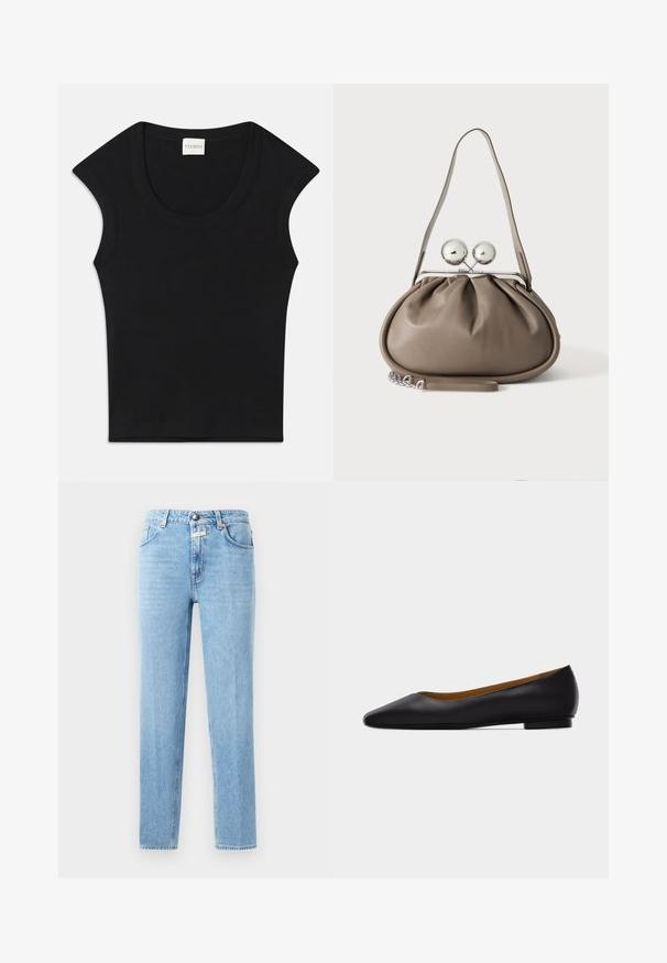 Haut sans manches noir en tissu doux avec un col arrondi et une coupe ajustée. Présente une étiquette portant la mention "CLOSED" au niveau du cou.; Jean en denim bleu clair avec une coupe droite, un design à cinq poches et un système de fermeture à bouton en métal. Tissu texturé avec un léger délavage.; Chaussure plate en cuir noir à bout pointu avec talon bas et finition lisse, vue de côté sur un fond gris clair.; Sac à main en cuir gris de forme arrondie, fermeture supérieure avec deux grandes sphères argentées, et une seule anse.