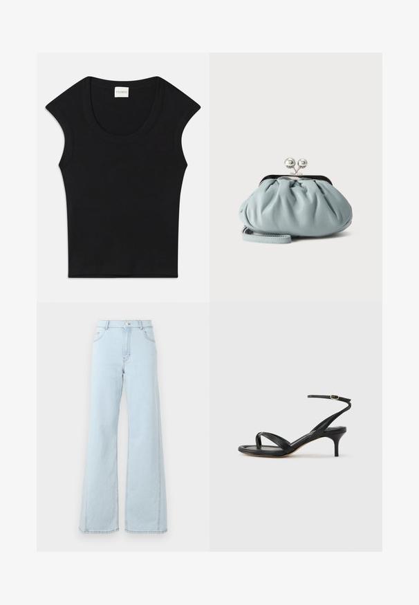 Haut sans manches noir en tissu doux avec un col arrondi et une coupe ajustée. Présente une étiquette portant la mention "CLOSED" au niveau du cou.; Des jeans en denim bleu clair à taille haute, à jambes larges, avec des poches avant et des détails de couture visibles sur les coutures et l'ourlet.; Sandale pour femme en cuir noir avec fines lanières, une boucle d'orteil, une boucle à la cheville et un talon aiguille de hauteur moyenne sur un fond neutre.; Petit porte-monnaie en cuir bleu clair avec fermoir métallique argenté de type kiss-lock et court bracelet de poignet sur fond uni.