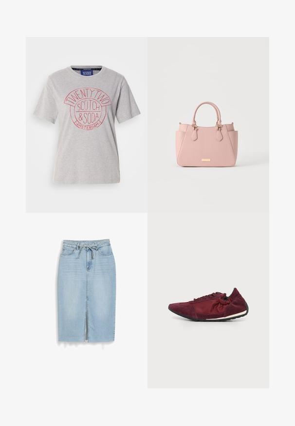 T-shirt en coton gris clair avec un col rond, des manches courtes et un imprimé graphique rouge portant la mention "TWENTY TWO SCOTCH & SODA AMSTERDAM."; Jupe midi en denim bleu clair avec fente devant, style cinq poches, passants de ceinture et ceinture en denim nouée à la taille.; BASKET décontractée bordeaux avec lacets et accents en daim, semelle noire texturée et détail élastique au talon.; Sac à main structuré rose clair avec deux poignées supérieures, poches latérales, et une petite plaque de marque dorée à l'avant.