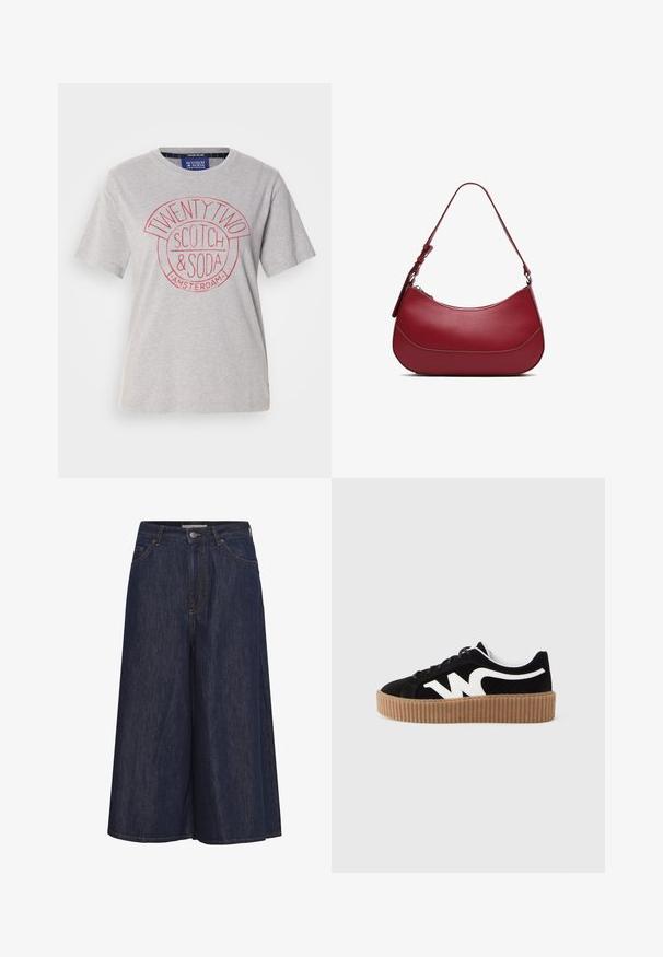 T-shirt en coton gris clair avec un col rond, des manches courtes et un imprimé graphique rouge portant la mention "TWENTY TWO SCOTCH & SODA AMSTERDAM."; Culottes en denim bleu foncé à jambes larges avec bouton sur le devant, fermeture éclair, passants pour ceinture et poches avant.; Baskets compensées en daim noir avec un logo blanc, embout arrondi, lacets noirs et semelle en caoutchouc nervurée de couleur beige.; Sac à main en cuir rouge au silhouette incurvée, avec une bandoulière ajustable et une fermeture éclair. Il présente une texture lisse et des détails de couture subtils.
