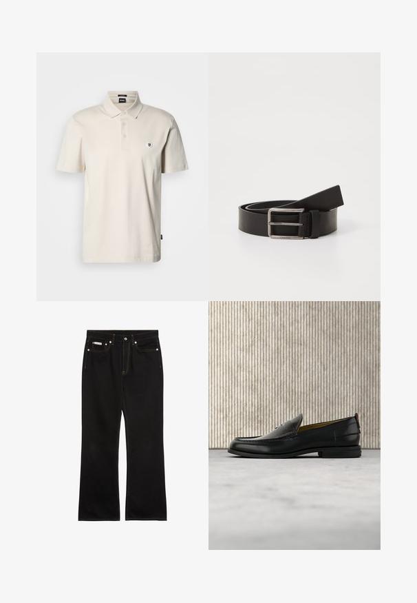 Polo beige en coton avec col classique, patte de boutonnage à trois boutons et petit logo brodé sur la poitrine gauche. Manches courtes.; Jean noir droit avec coutures orange, cinq poches, fermeture par bouton, et une petite étiquette Calvin Klein sur la poche avant droite.; Mocassin pour homme en cuir noir avec un dessus embossé effet croco et un petit talon, présenté de profil sur un fond neutre.; Ceinture en cuir noir avec une finition mate, dotée d'une boucle métallique rectangulaire et d'une sangle affichant le logo Calvin Klein.