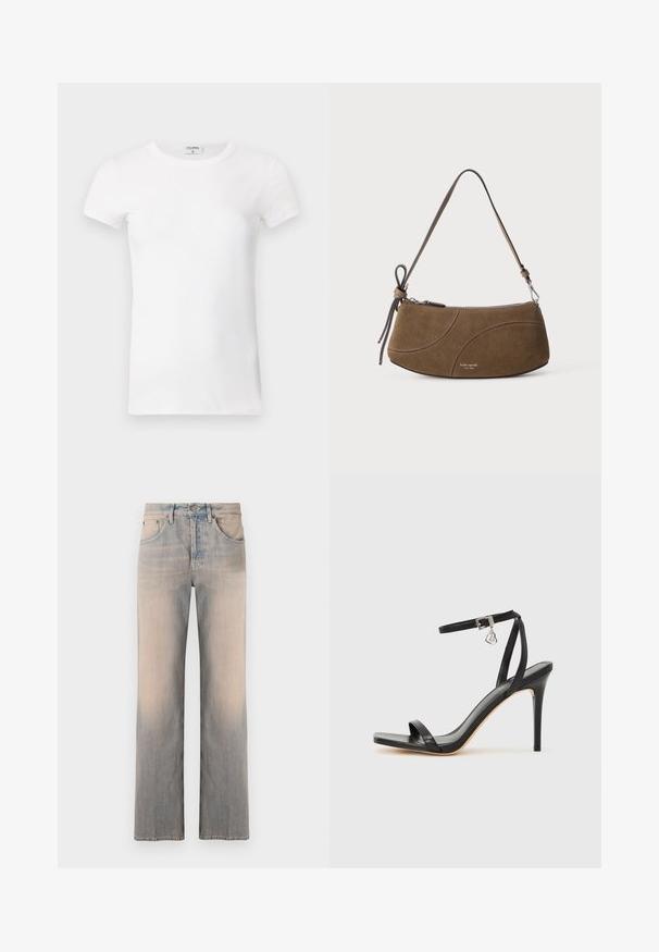 T-shirt à manches courtes blanc côtelé avec un col rond. Le tissu semble lisse avec une silhouette ajustée. Étiquette de marque visible au niveau du col.; Jean en denim bleu clair avec une coupe droite, comportant des poches avant, une décoloration subtile et une taille standard avec un bouton en métal.; Sandale à talon haut noire avec une bride étroite à la cheville, bout carré, cuir lisse et accent de boucle métallique.; Sac à bandoulière en daim marron avec une sangle courte, une fermeture éclair et des détails de couture courbes subtils.