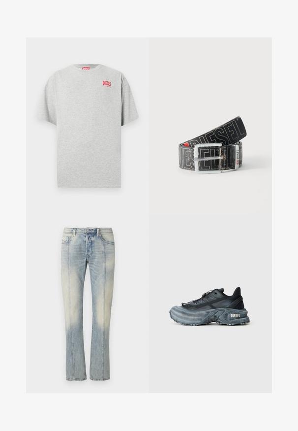 T-shirt en coton gris avec un col rond et des manches courtes. Présente un petit logo rouge « DIESEL » sur la poitrine. Texture lisse.; Jean en denim bleu clair avec une coupe droite, couture double, poches avant et finition délavée. Aucun logo visible.; Baskets Diesel noires et grises avec semelle épaisse, système de laçage à bascule et design texturé sur fond gris clair uni.; Ceinture noire Diesel avec grand texte logo blanc, boucle rectangulaire en argent, et détail de boucle métallique brandée, enroulée sur un fond clair.