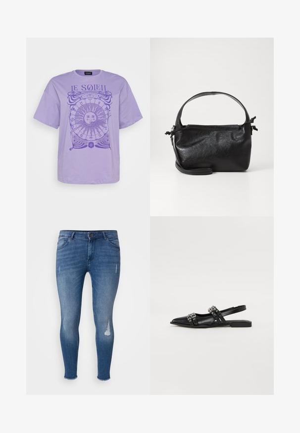 T-shirt en coton lavande à manches courtes, avec un graphique de soleil circulaire et des symboles astrologiques en violet foncé. Encolure ras du cou.; Jean skinny en denim bleu, avec des détails déchirés à l'avant, des sections décolorées et un ourlet effiloché aux chevilles.; Even&Odd Ballerines à brides arrière - black; Sac à main en cuir noir au design structuré, avec une poignée arrondie et une bandoulière amovible. Présente une texture lisse et un éclat subtil.