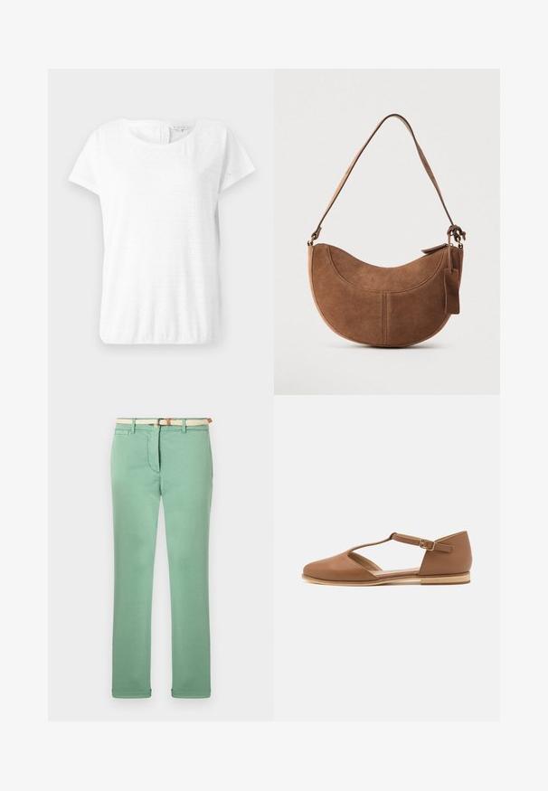 T-shirt en coton blanc à manches courtes, encolure ronde et motif œillet avec des formes de diamant. Texture douce et coupe décontractée.; Pantalon vert clair en coton, avec une coupe droite, une ceinture tissée beige et des poches avant. Texture lisse avec un minimum de couture.; Chaussure plate en cuir brun avec un design à découpes, une bride de cheville et une semelle en bois clair. Présente un bout arrondi et une texture lisse.; Sac à main en daim marron de forme courbée en demi-lune. Il est doté d'une bandoulière, d'une petite étiquette et de coutures visibles le long des bords.