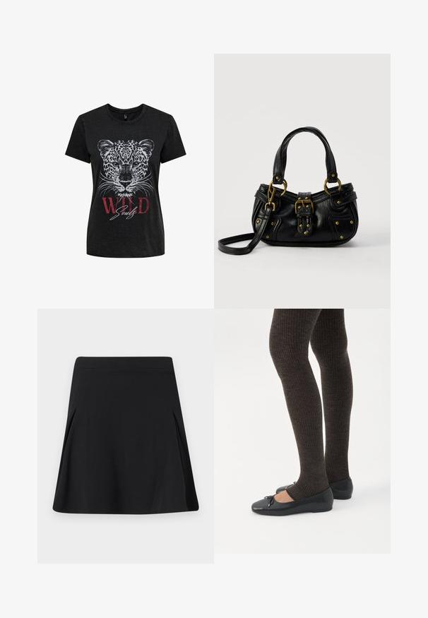 T-shirt noir à manches courtes avec un visage de léopard blanc détaillé et un texte rouge indiquant "WILD" ainsi qu’un texte blanc "Souls" sous le graphisme de l’animal.; Jupe noire trapèze avec de légers plis sur les côtés, ceinture plate et texture de tissu lisse.; Jambes portant des leggings côtelés foncés associés à des ballerines noires avec de petits détails en nœud sur fond blanc.; Sac à main en cuir noir avec boucle dorée et détails à rivets, poignées courtes et bandoulière réglable sur fond blanc uni.