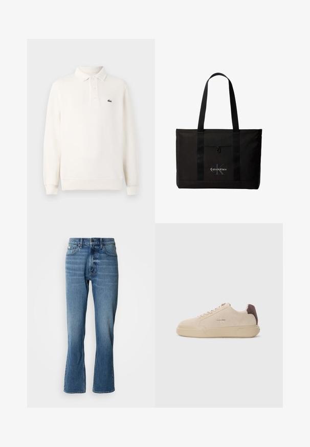 Polo-shirt à manches longues en crème pâle en tricot texturé, avec une patte de boutonnage à trois boutons et un logo brodé vert sur la poitrine.; Jeans en denim bleu clair avec une coupe droite et une légère évasée. Comprend cinq poches, une fermeture à bouton et des détails de décoloration subtils.; Baskets en daim beige avec un bout rond, lacets à l'avant et un accent en daim marron sur le talon. Dotées d'une semelle en caoutchouc texturé.; Sac cabas noir Calvin Klein avec deux longues poignées et une poche avant, avec le logo de la marque en blanc et gris.