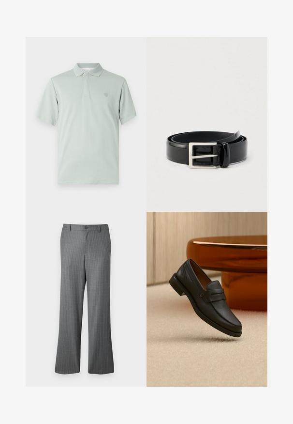 Camiseta polo verde claro con cuello texturizado, mangas cortas y emblema bordado en el lado izquierdo del pecho. Acabado de tela suave.; Pantalones de rayas grises con un ajuste relajado, que presentan un cierre de botón, pasadores para cinturón y sutiles rayas azul claro en toda su superficie.; Mocasín de hombre de cuero negro con una banda en la parte superior, exhibido sobre una alfombra beige cerca de una mesa circular moderna marrón.; Cinturón enrollado de cuero negro brillante con una hebilla metálica rectangular plateada sobre un fondo claro y liso.