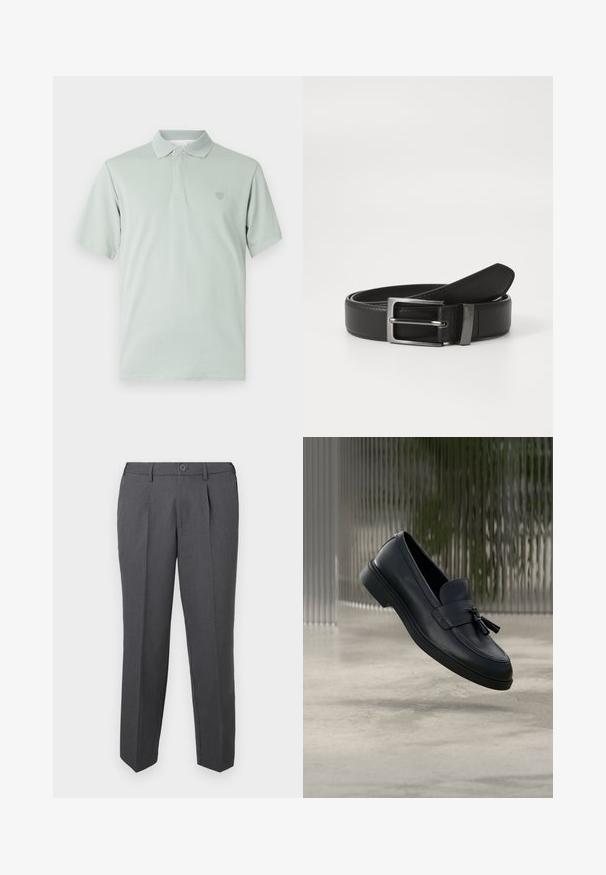 Polo shirt vert clair avec un col texturé, des manches courtes et un emblème brodé sur la poitrine gauche. Fini en tissu doux.; Pantalon formel gris foncé avec plis, passants de ceinture, fermeture à bouton et jambes droites, présenté sur un fond blanc uni.; Mocassins en cuir noir avec une texture lisse, un bout arrondi et des pampilles décoratives à l'avant. Semelle en caoutchouc flexible avec un petit talon.; Ceinture en cuir noir avec une boucle en métal argenté, présentant une finition lisse et un design classique. La ceinture est soigneusement pliée.