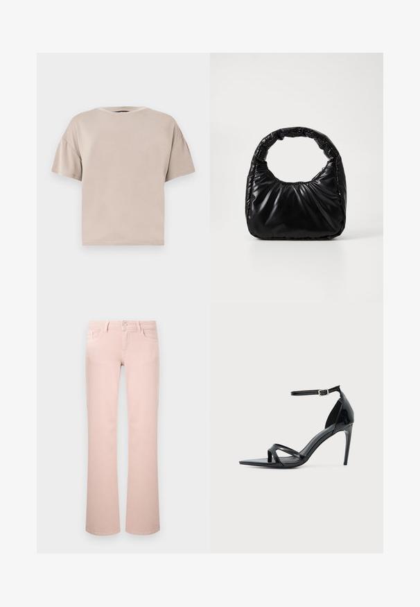 T-shirt beige en coton, à manches courtes, oversize, avec col rond et ourlet droit, sur un fond clair uni.; Jean rose clair à jambes droites avec poches avant, passants pour ceinture et fermeture à bouton métallique.; Sandale à talon haut en cuir verni noir avec fine bride à la cheville, bout ouvert et design minimaliste sur fond clair uni.; Sac à main noir rembourré avec une poignée arrondie, présentant une surface lisse et brillante ainsi qu'une texture douce et matelassée. Pas de quincaillerie ou d'accents visibles.