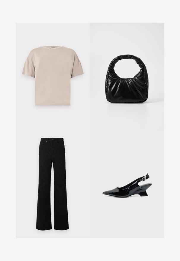 T-shirt beige en coton, à manches courtes, oversize, avec col rond et ourlet droit, sur un fond clair uni.; Jeans noirs taille haute avec un motif léopard subtil, jambes droites larges, bouton avant et poches.; Chaussure slingback en cuir verni noir avec bout pointu et petit talon bloc incliné sur fond clair uni.; Sac à main noir rembourré avec une poignée arrondie, présentant une surface lisse et brillante ainsi qu'une texture douce et matelassée. Pas de quincaillerie ou d'accents visibles.