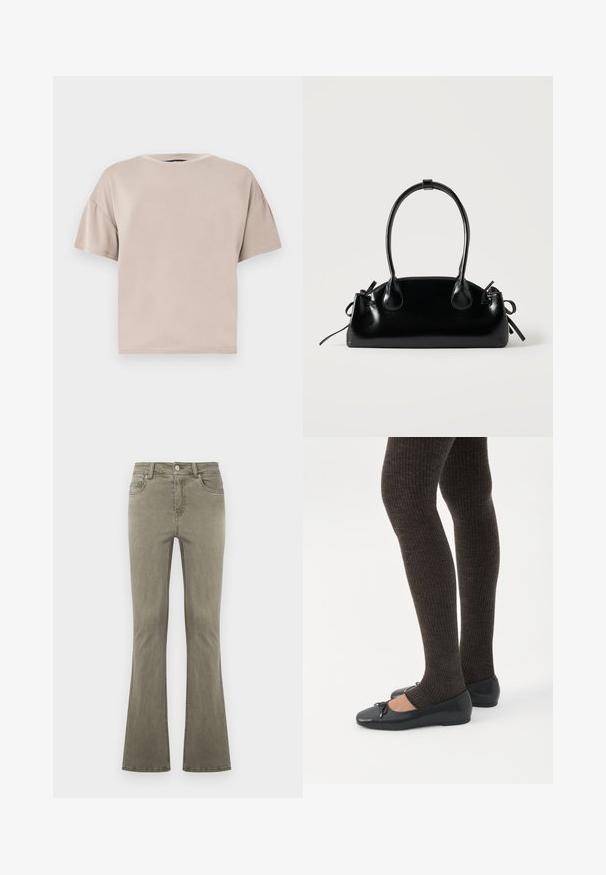 T-shirt beige en coton, à manches courtes, oversize, avec col rond et ourlet droit, sur un fond clair uni.; Jean droit vert olive avec fermeture à boutons sur le devant, passants pour ceinture et design cinq poches, présenté sur un fond uni.; Jambes portant des leggings côtelés foncés associés à des ballerines noires avec de petits détails en nœud sur fond blanc.; Petit sac à main noir brillant avec deux longues anses et des détails à cordon sur les côtés sur un fond clair uni.
