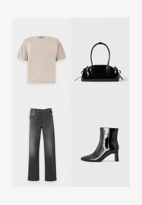 T-shirt beige en coton, à manches courtes, oversize, avec col rond et ourlet droit, sur un fond clair uni.; Jeans en denim gris foncé avec une coupe droite, un design à cinq poches et un léger décoloration. Couture renforcée et détails en métal.; Bottines en cuir verni noir avec un bout pointu et un talon block de hauteur moyenne. Texture lisse et design minimaliste.; Petit sac à main noir brillant avec deux longues anses et des détails à cordon sur les côtés sur un fond clair uni.