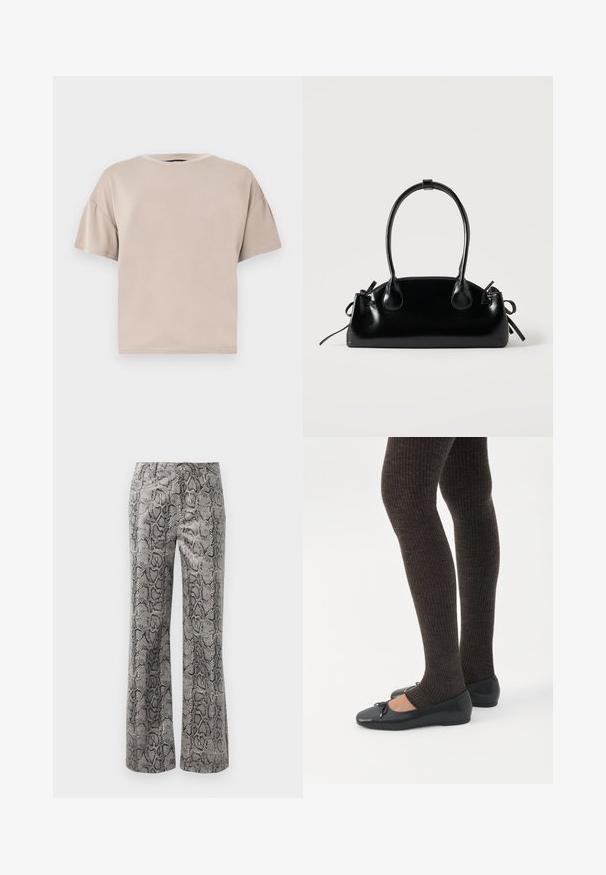 T-shirt beige en coton, à manches courtes, oversize, avec col rond et ourlet droit, sur un fond clair uni.; Pantalons droits avec un motif en serpent noir et gris et une fermeture à bouton sur un fond blanc.; Jambes portant des leggings côtelés foncés associés à des ballerines noires avec de petits détails en nœud sur fond blanc.; Petit sac à main noir brillant avec deux longues anses et des détails à cordon sur les côtés sur un fond clair uni.