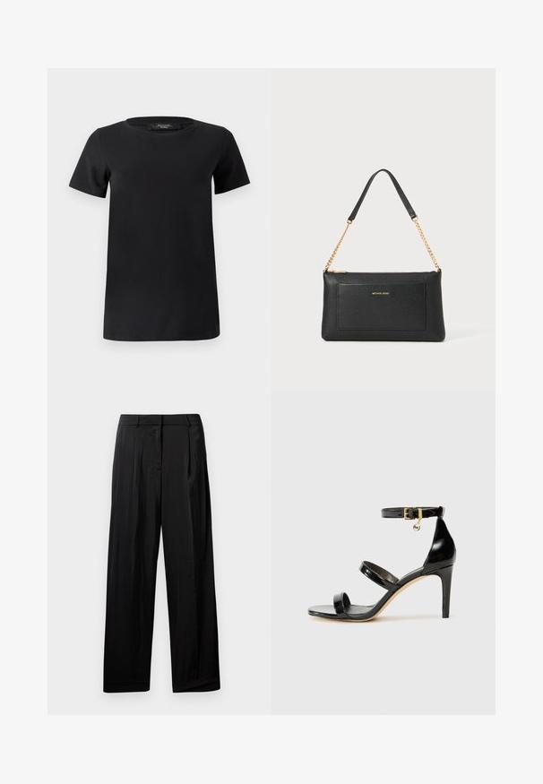 T-shirt noir à manches courtes en tissu de coton doux, doté d'un col rond et d'un design simple et classique sans ornements.; Pantalon large noir en tissu lisse, avec des plis avant, des passants de ceinture et une fermeture éclair.; Sandale en cuir verni noir avec trois brides, boucle de cheville et talon aiguille de 10 cm. Présente un détail en métal doré et un charm logo.; Pochette en cuir noir avec une texture en relief, bandoulière en chaîne dorée et une poche avant. Elle arbore un logo doré sur le devant.