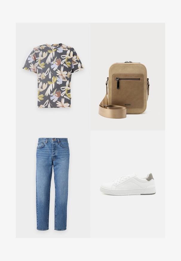 Camiseta de manga corta en gris oscuro con un patrón floral que presenta tonos de beige, azul claro y verde. Confeccionada en una tela suave.; Jeans de mezclilla azul claro con corte recto, cinco bolsillos y cierre de botón. Textura deslavada con ligeras arrugas en la parte frontal.; Zapatilla blanca con material de cuero liso, punta redonda, diseño minimalista, acento gris en el talón y suela de goma texturizada.; Bolso pequeño beige tipo bandolera con bolsillo frontal con cremallera, logo metálico de ALDO, correa ancha ajustable y forma rectangular redondeada sobre fondo blanco.