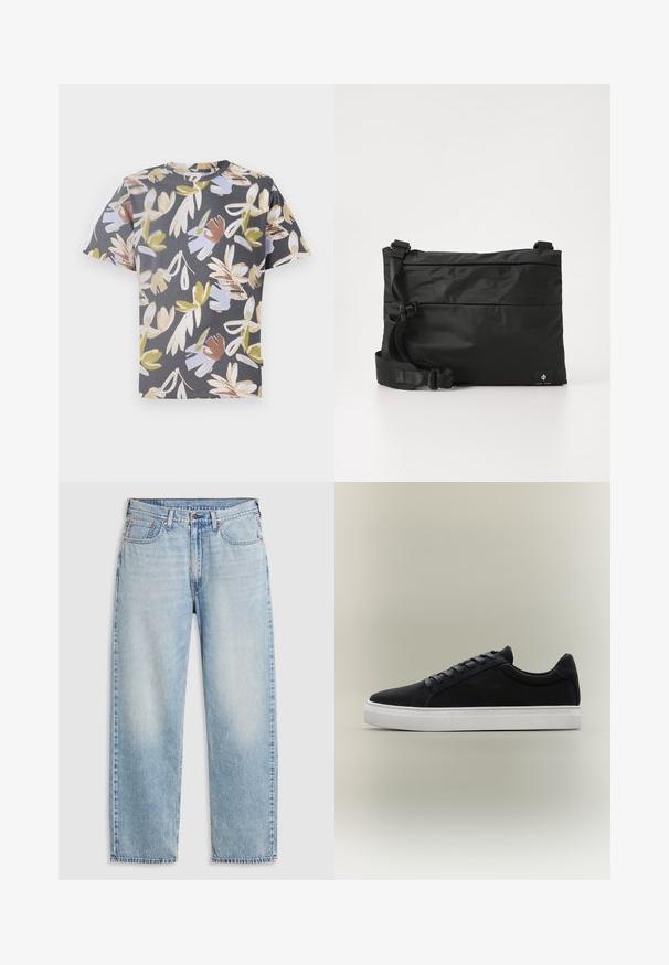 Camiseta de manga corta en gris oscuro con un patrón floral que presenta tonos de beige, azul claro y verde. Confeccionada en una tela suave.; Jeans rectos de color azul claro con cinco bolsillos, cierre de botón de metal y detalles deslavados en los muslos y las rodillas, dispuestos sobre un fondo blanco.; Zapatilla negra de caña baja con suela de goma blanca, diseño con cordones y cuello acolchado, mostrada sobre un fondo gris neutro.; Bolso mensajero de nylon negro con correa ajustable, diseño plano y una etiqueta lateral con un logo. Textura suave y estilo minimalista.
