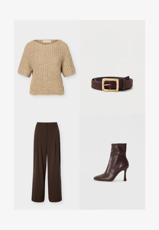 Pull beige à manches courtes en maille épaisse avec un col rond et une texture côtelée, étiqueté Marc O'Polo.; Pantalon large marron foncé avec plis à l'avant, passants de ceinture et fermeture éclair avant cachée.; Bottine en cuir marron avec un bout pointu et un talon stiletto fin. Présente une texture lisse et des détails cousus autour de l'ouverture.; Ceinture en cuir marron foncé avec une large boucle carrée dorée, enroulée à plat sur une surface blanche.