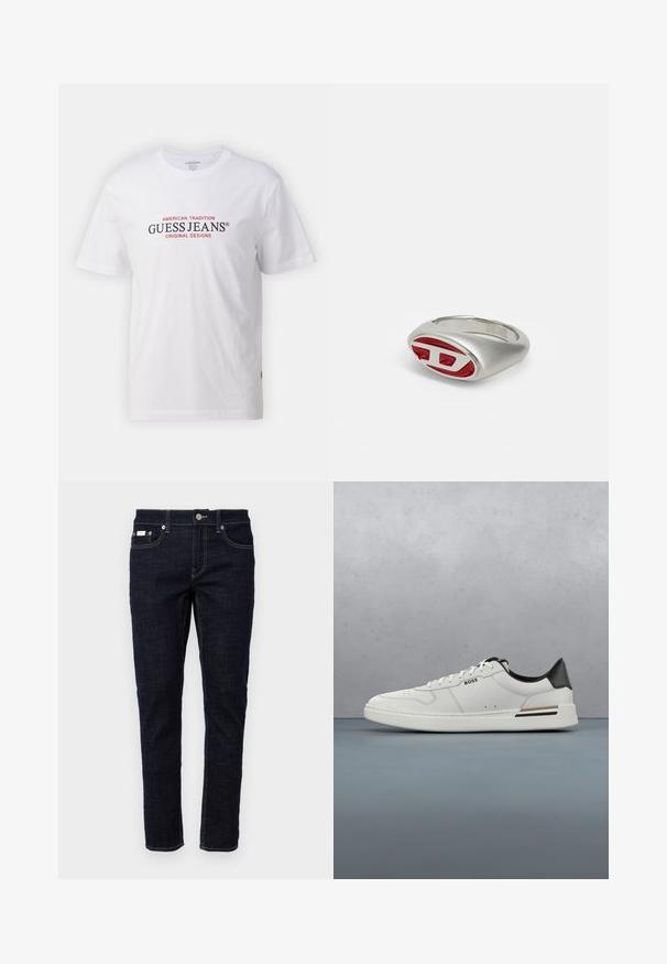 Valkoinen puuvillainen t-paita, jossa on pyöreä kaula-aukko ja lyhyet hihat. Paidassa on punaiset ja mustat tekstit "GUESS JEANS" ja "AMERICAN TRADITION."; Tummansiniset farkut, joissa on slim fit -leikkaus, viisi taskua, perinteinen ommel ja metallinen nappisuljin vyötäröllä. Raikas rakenne.; Valkoiset matalat tennarit mustalla kantapäällä, nauhakiristys, hienovaraiset rei'itykset ja "BOSS"-logo sivulla, esitetty ulkoprofiilista.; Diesel Sormus - silver- coloured