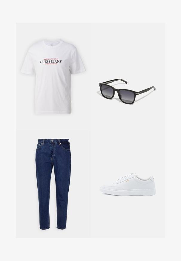Weißes Baumwoll-T-Shirt mit Rundhalsausschnitt und kurzen Ärmeln, mit rotem und schwarzem Text "GUESS JEANS" und "AMERICAN TRADITION."; Dunkelblaue Jeans mit geradem Bein, vorderer Knopf- und Reißverschluss, Gürtelschlaufen sowie Vorder- und Gesäßtaschen.; Weiße Leder-Sneaker mit glatter Textur, runder Zehenpartie und tonal abgestepptem Design. Mit blauen Schnürsenkeln und einem goldenen Logo an der Seite.; BOSS Sonnenbrille - black