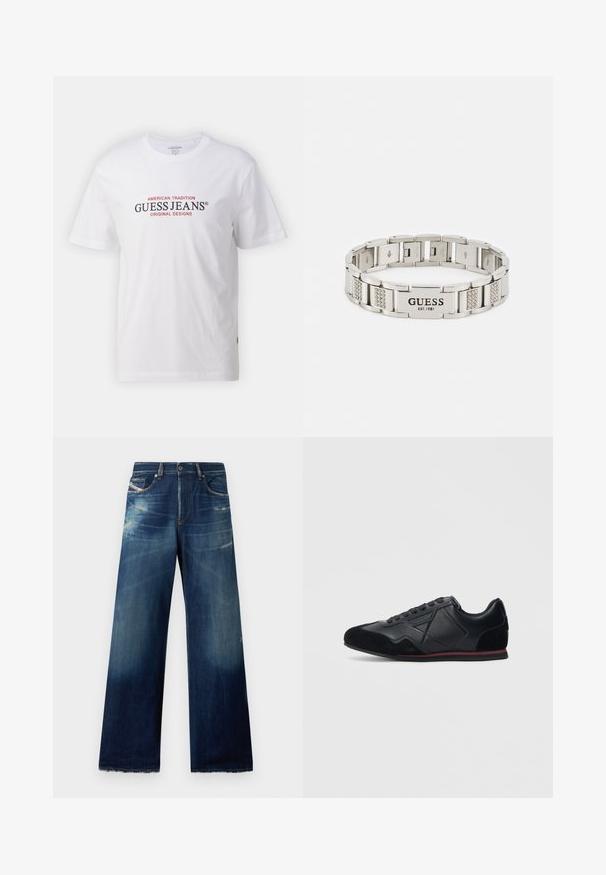 Valkoinen puuvillainen t-paita, jossa on pyöreä kaula-aukko ja lyhyet hihat. Paidassa on punaiset ja mustat tekstit "GUESS JEANS" ja "AMERICAN TRADITION."; Laineet, tummansiniset farkut, joissa on vaalennettuja kohtia, kuluneita yksityiskohtia ja risaiset helmat. Neljä taskua ja nappikiinnitys.; Musta urheilukenkä, jossa on nahkainen päällinen ja mokkanahkaiset koristukset, ohut muotoilu, pyöreä kärki ja punainen kumipohja.; Guess FLAT CHAIN UNISEX - Rannekoru - silver-coloured